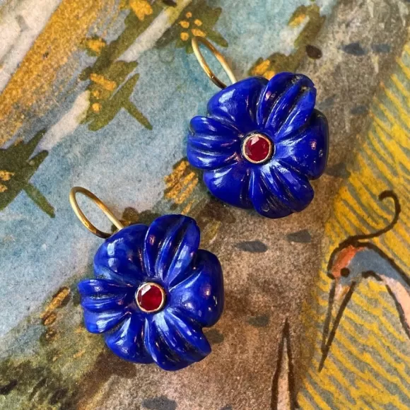 Hand-Carved Floral Drop Earrings - Lapis And Ruby<Gem Palace Clearance