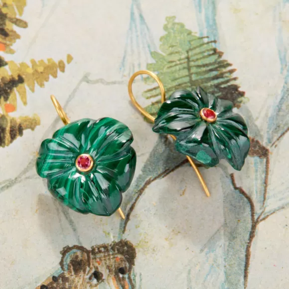 Hand-Carved Floral Drop Earrings - Malachite And Pink Tourmaline<Gem Palace Hot