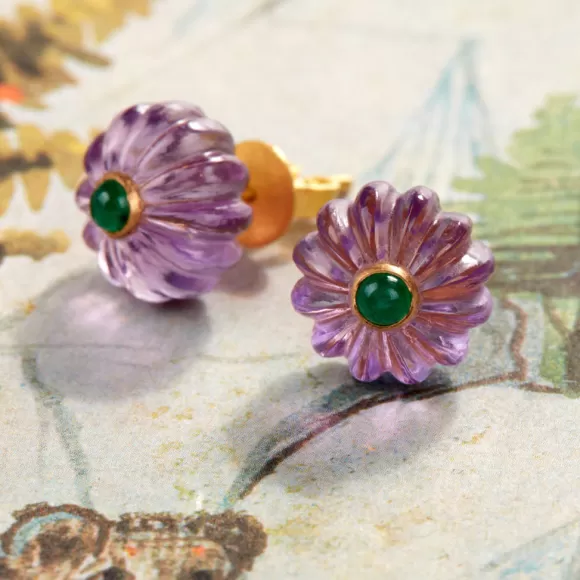 Hand-Carved Floral Post Earrings - Amethyst And Emerald<Gem Palace Online