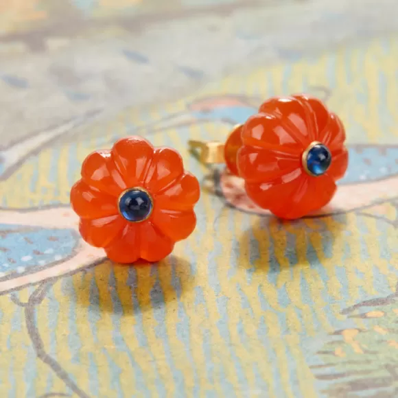 Hand-Carved Floral Post Earrings - Carnelian And Sapphire<Gem Palace Online